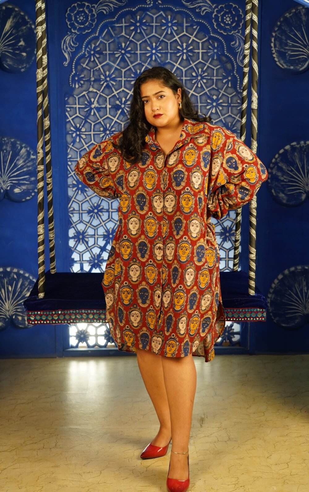 Devi Print Red Oversized Shirt Dress
