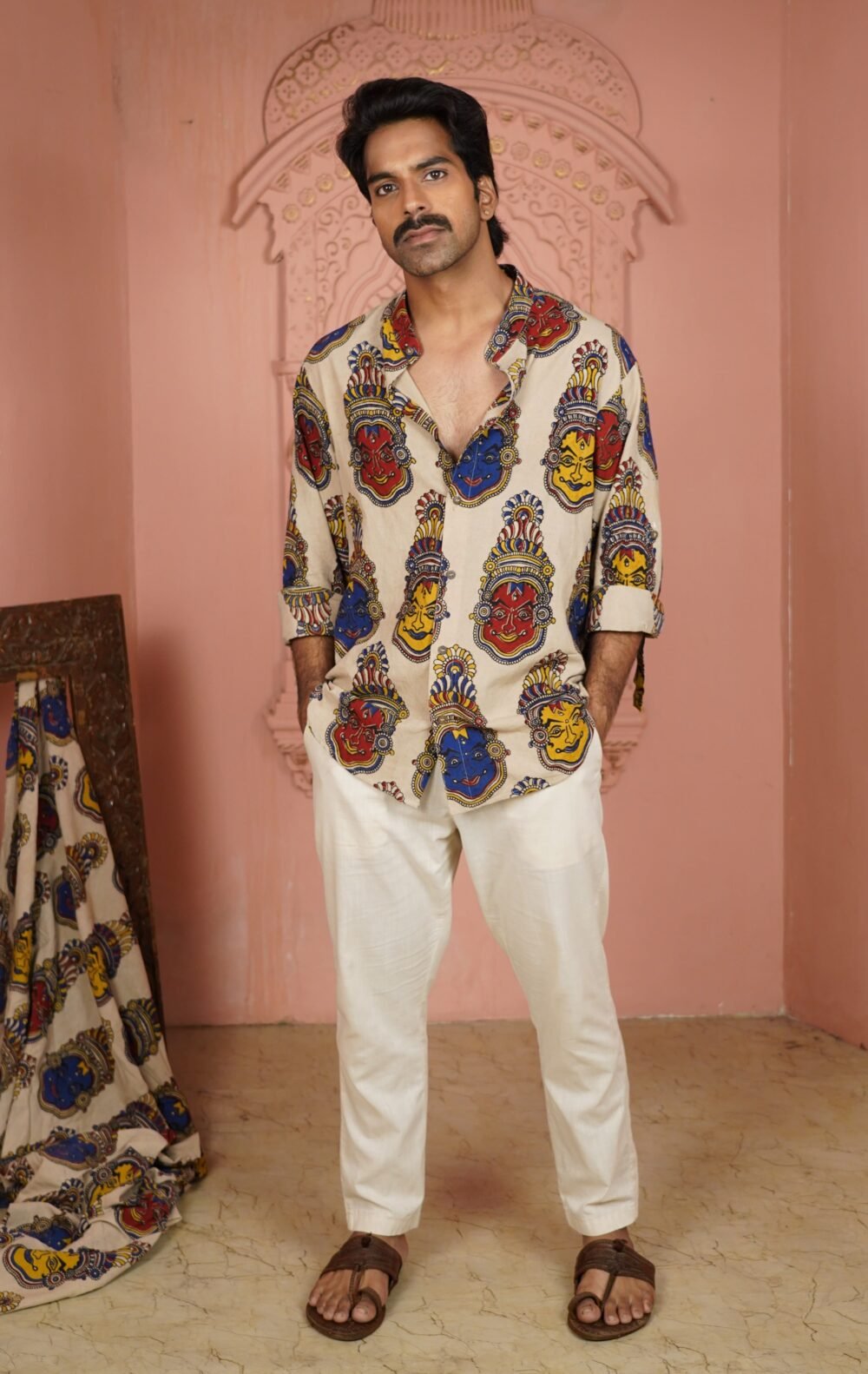 Kalamkari Chinese Collar Shirt (Beige)