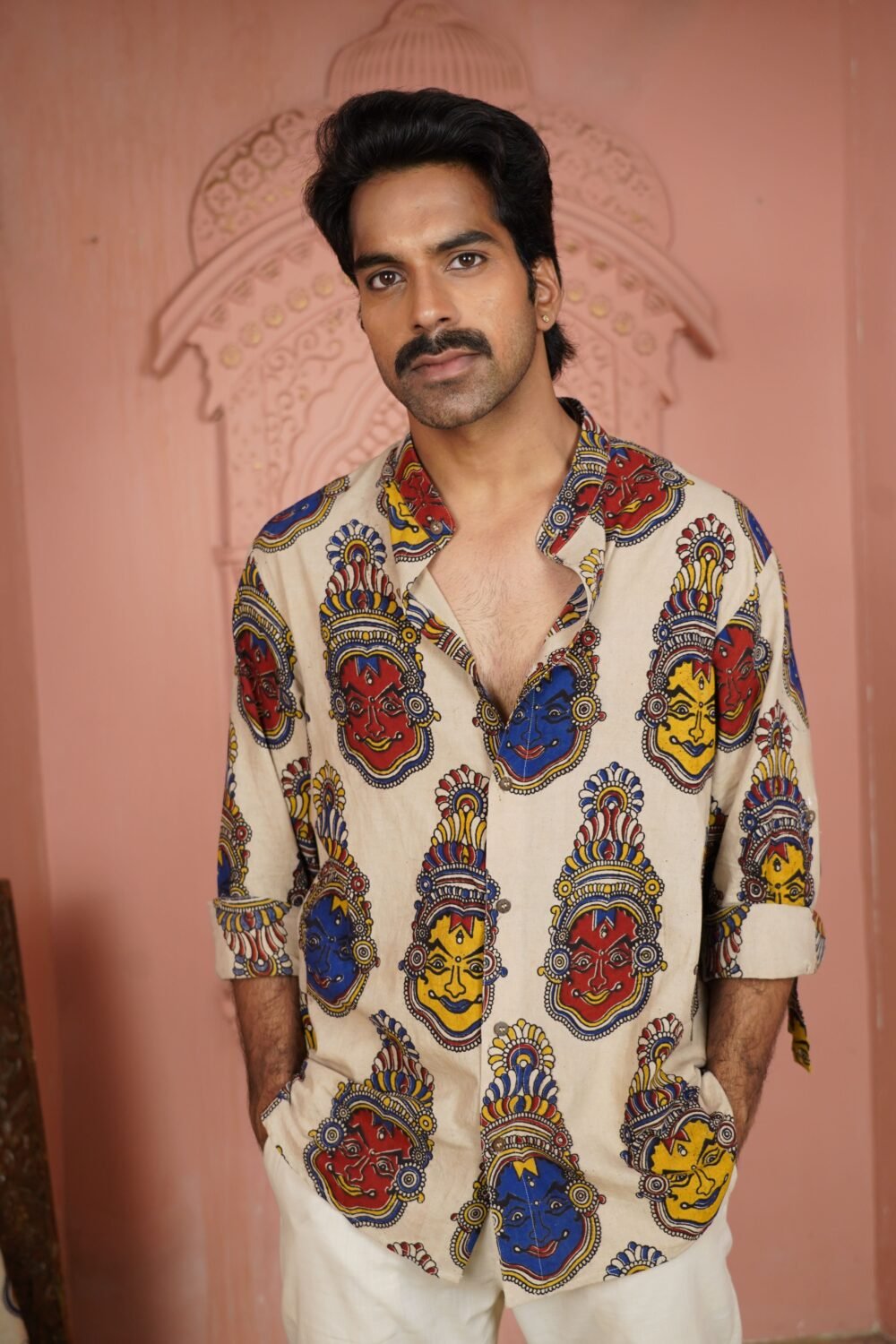 Kalamkari Chinese Collar Shirt (Beige) - Image 4