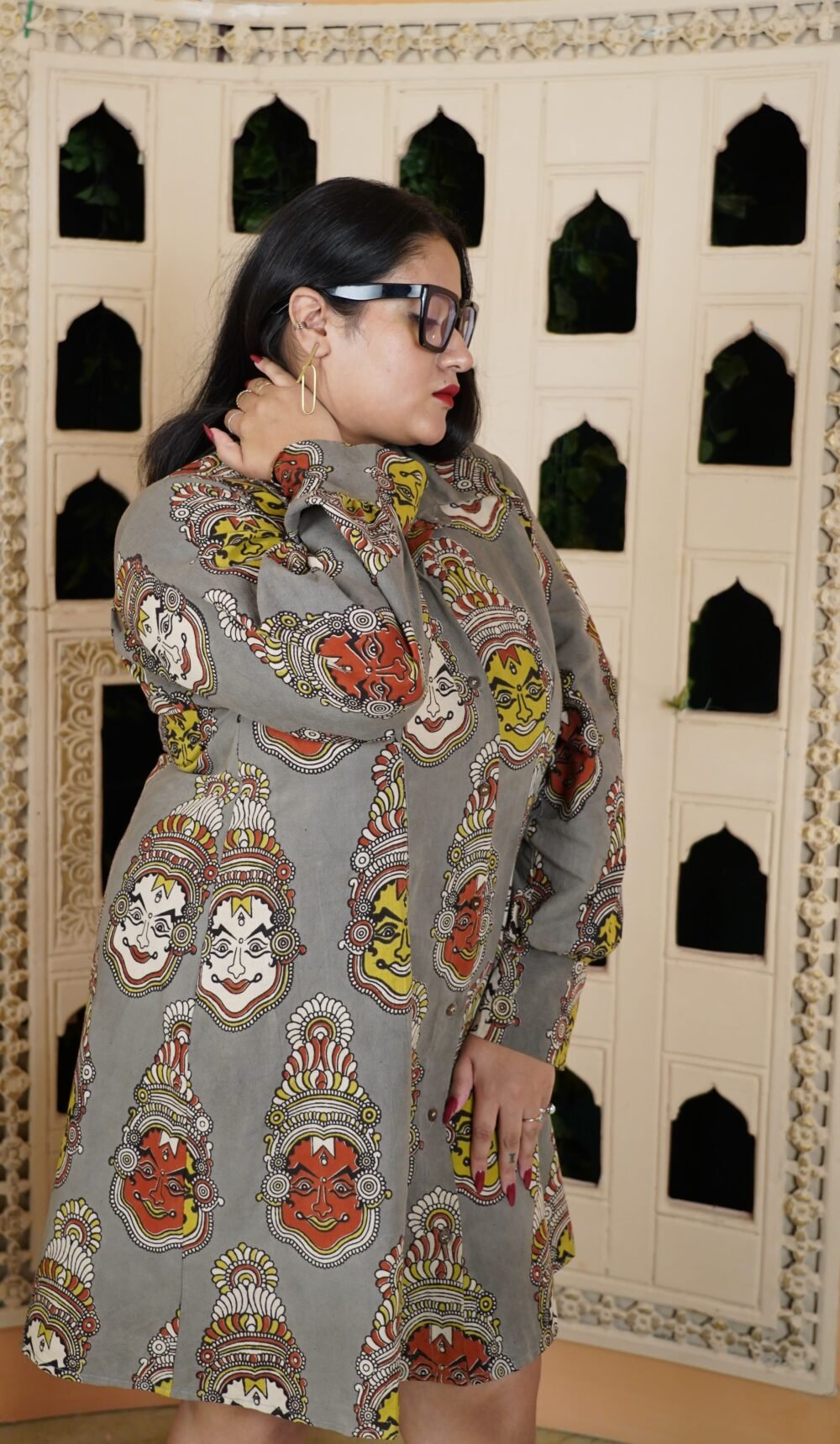 Kalamkari Pleated Shirt Dress (Grey) - Image 3