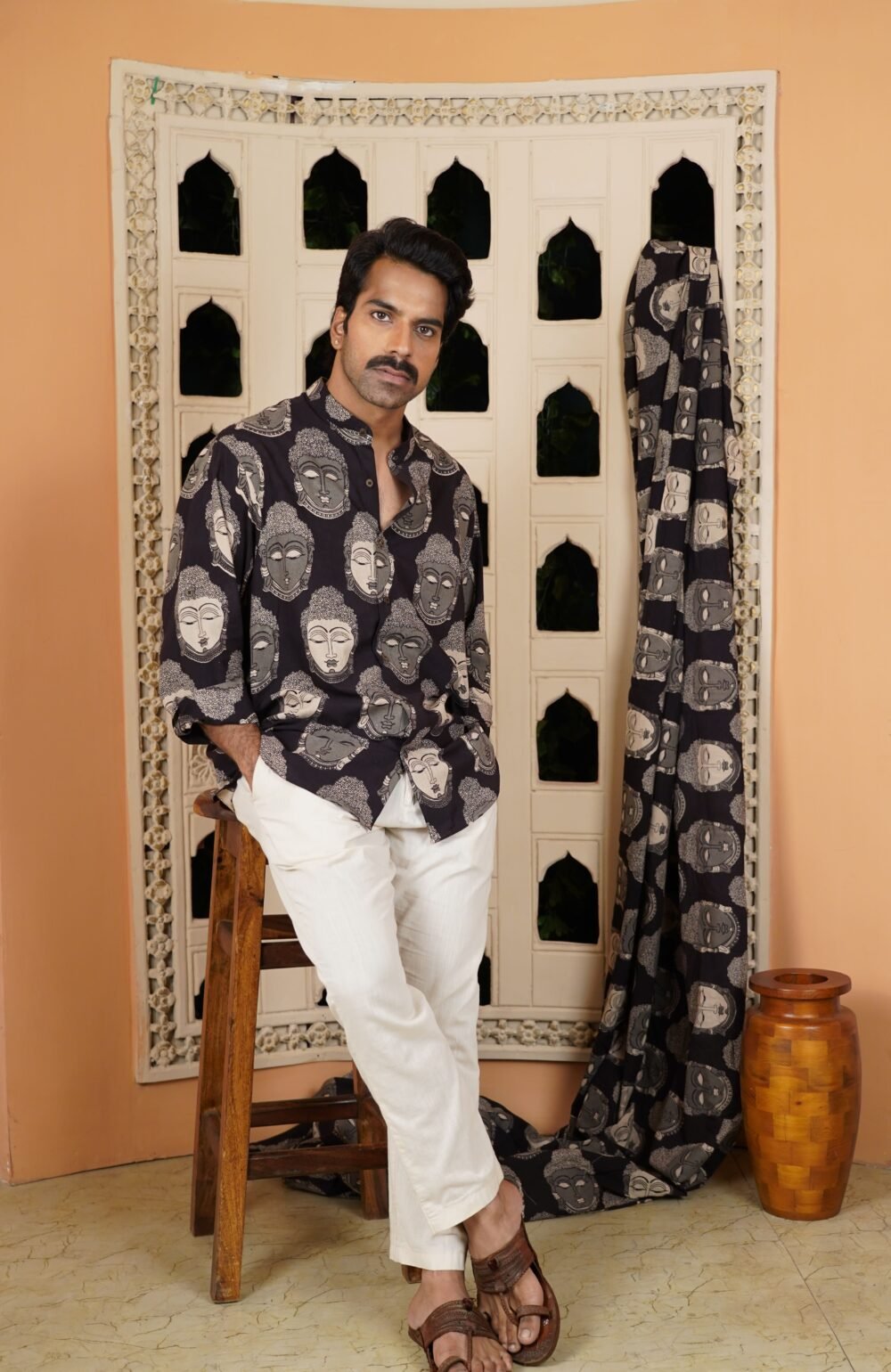 Kalamkari Chinese Collar Shirt (Black) - Image 2