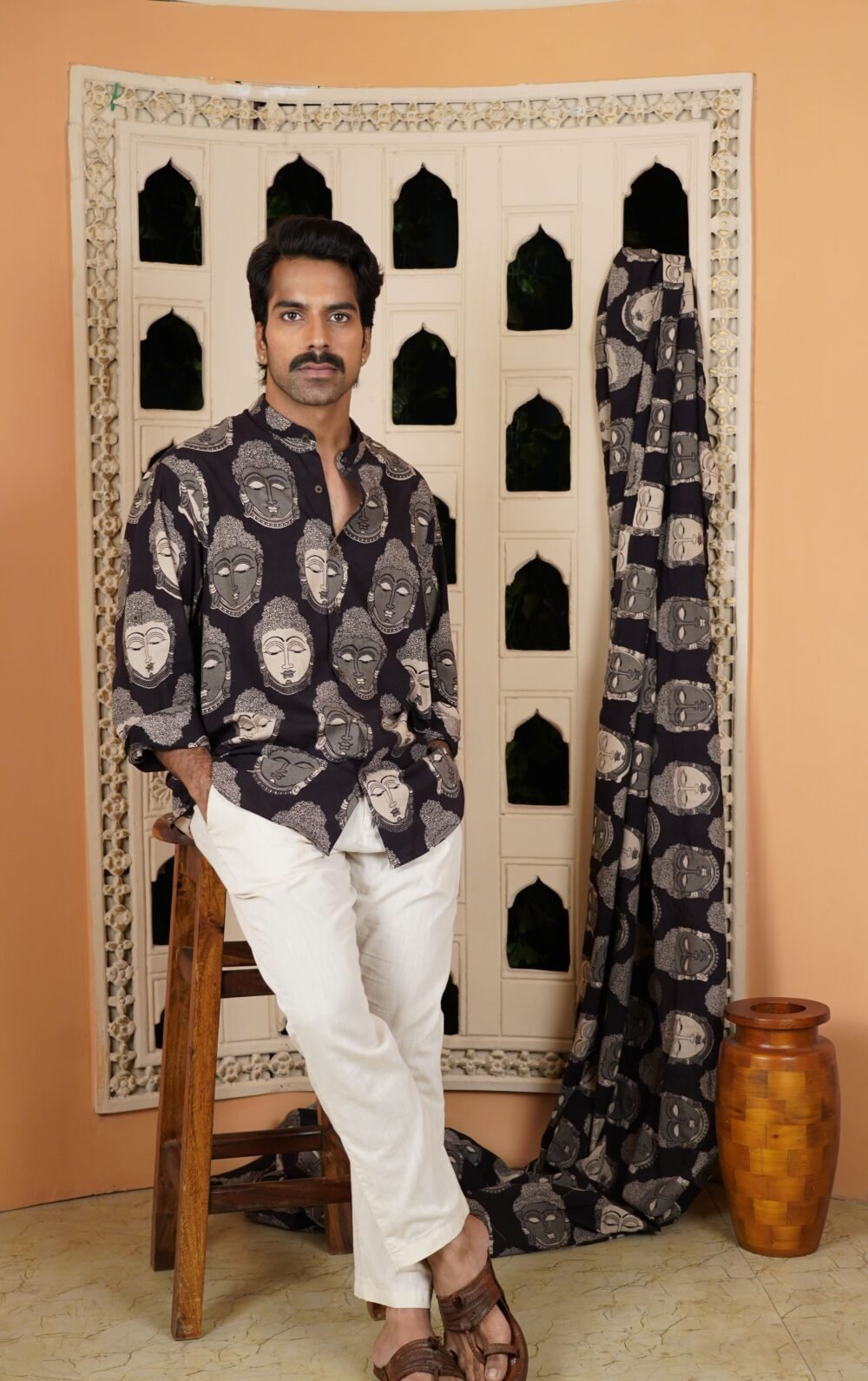 Kalamkari Chinese Collar Shirt (Black)