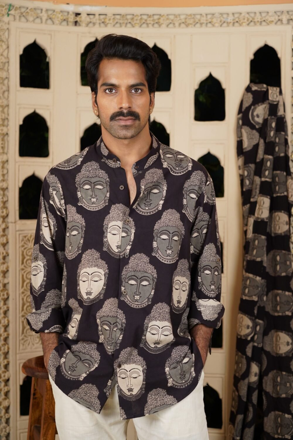 Kalamkari Chinese Collar Shirt (Black) - Image 4